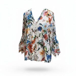 Belle & Sky Women's High-Low Button Down Top Sleeve Floral Dragon Flies Snakes L